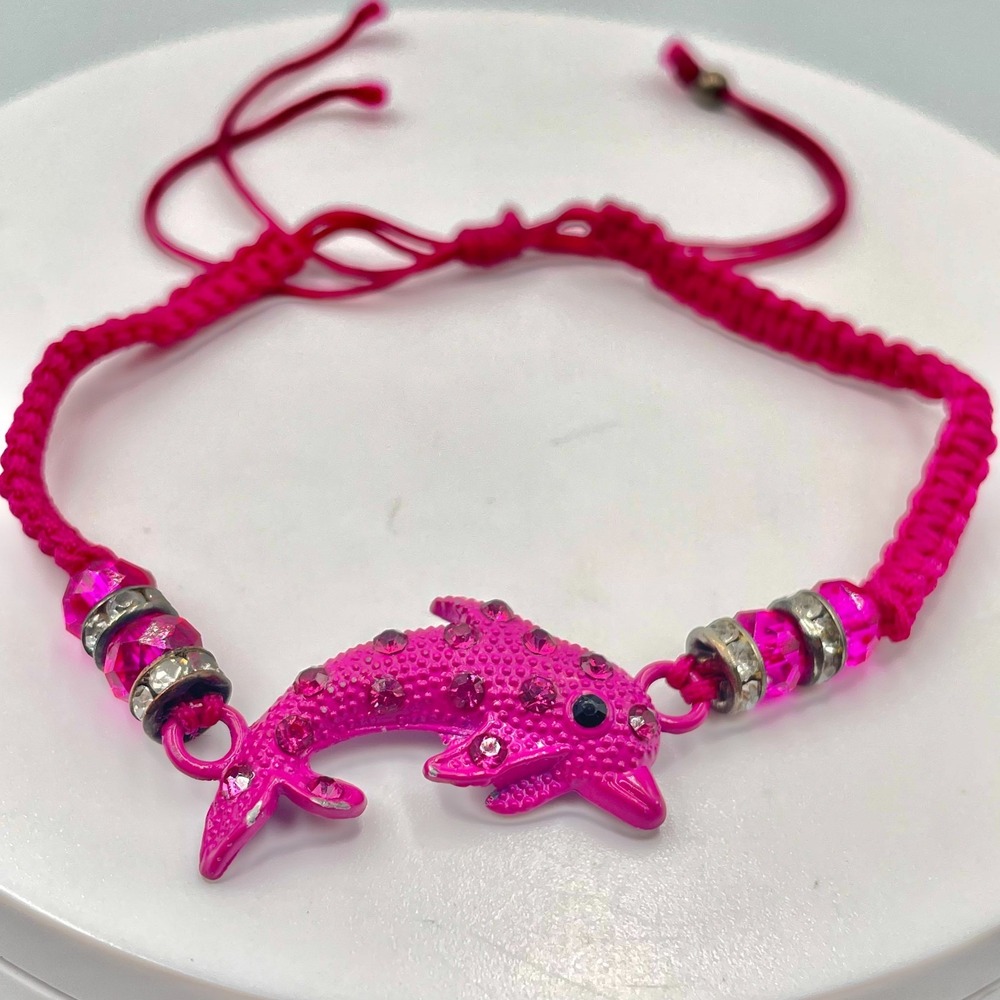 VTG Y2K Hot Pink Enamel Dolphin Macrame Bracelet Rhinestone Accent Beaded Boho